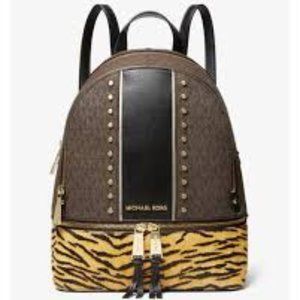 MK, Michael Kors Rhea Medium Studded Logo And TIGER Print Calf Hair Backpack
